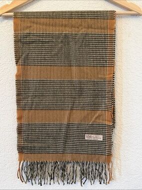 Camel and Black Houndstooth Fringe Scarf with Label 100% Cashmere